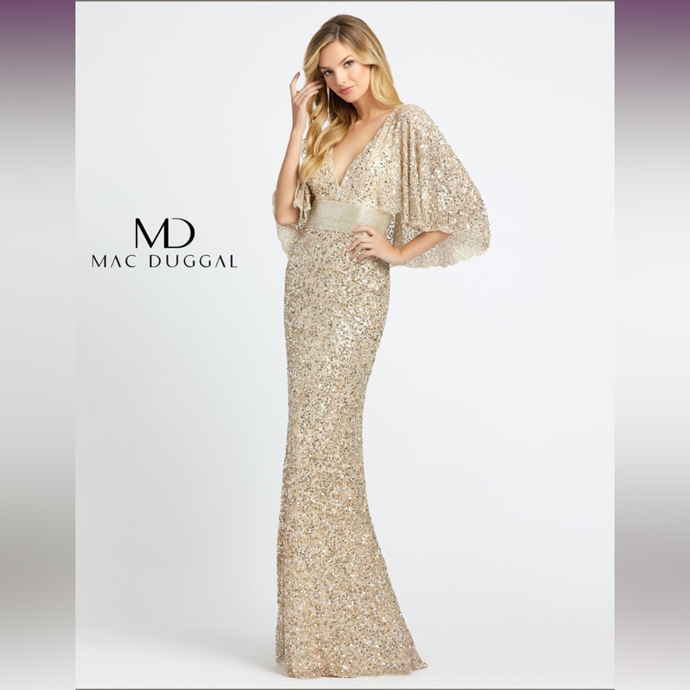Mac Duggal Gold Sequin V-Neck Cape Sleeve Maxi Gown